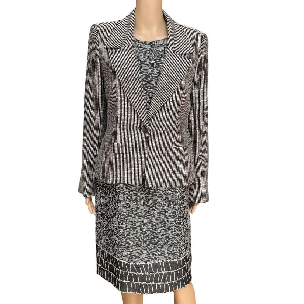 Carlisle 3-Piece Suit Set Sz 6 Brown Beige Textured Linen Blend Blazer Top Skirt